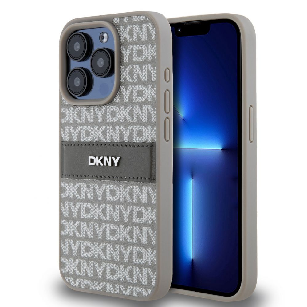 Tagakaaned DKNY - DKNY PU Leather Repeat Pattern Tonal Stripe Case for iPhone 15 Pro Beige