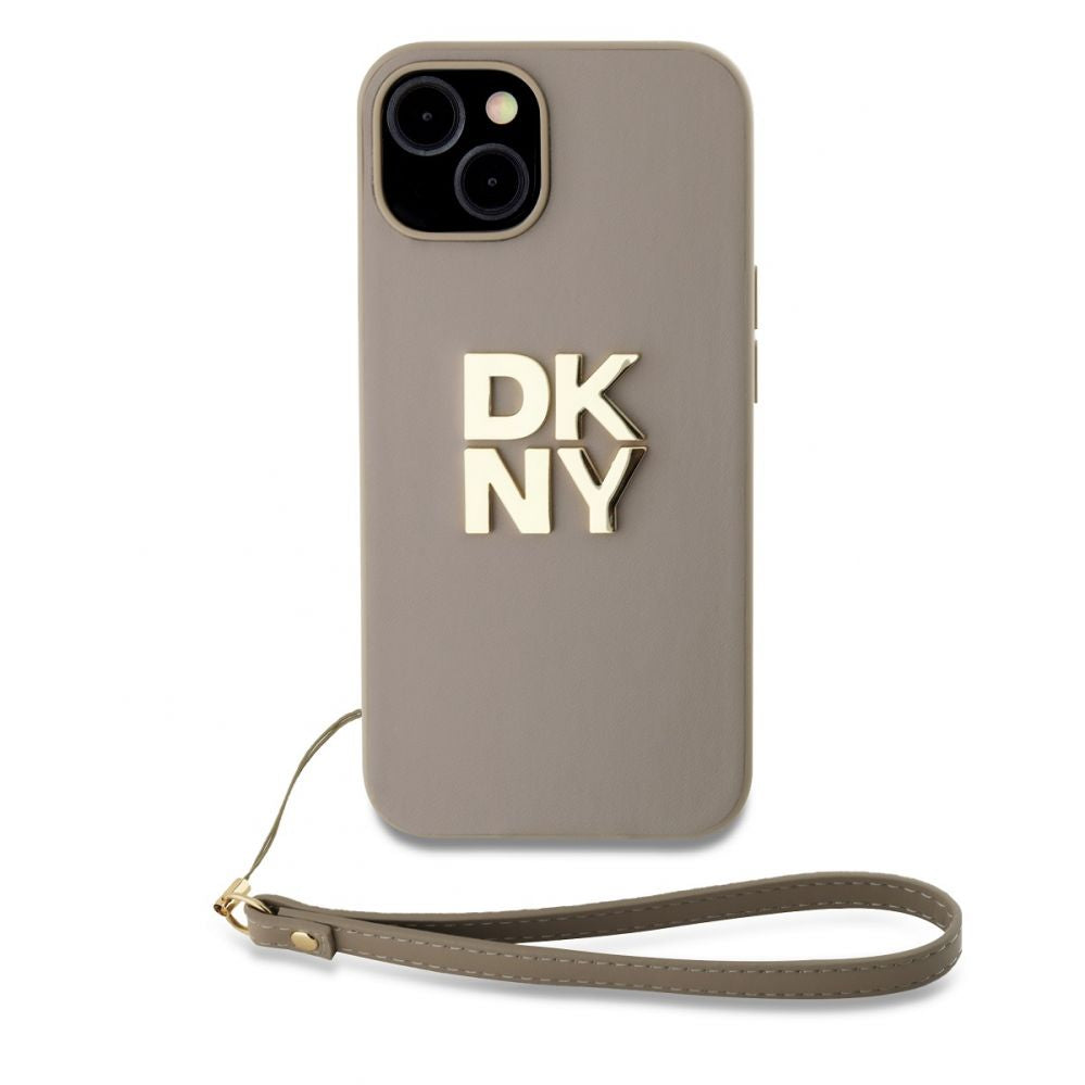 Tagakaaned DKNY Apple DKNY PU Leather Stack Logo Wrist Strap Case for iPhone 15 Beige