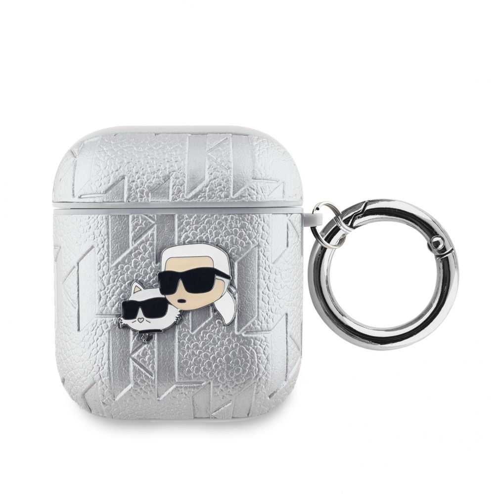 Чехол на заднюю панель Karl Lagerfeld - Karl Lagerfeld PU Embossed Karl and Choupette Heads Case for AirPods 1/2 Silver