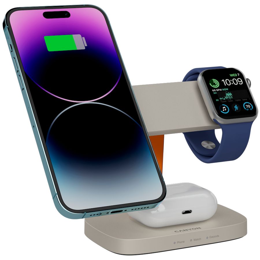 Wireless charger Canyon  CANYON Wireless Charging Station Hexagon 310 3in1 LightGrey/Orange