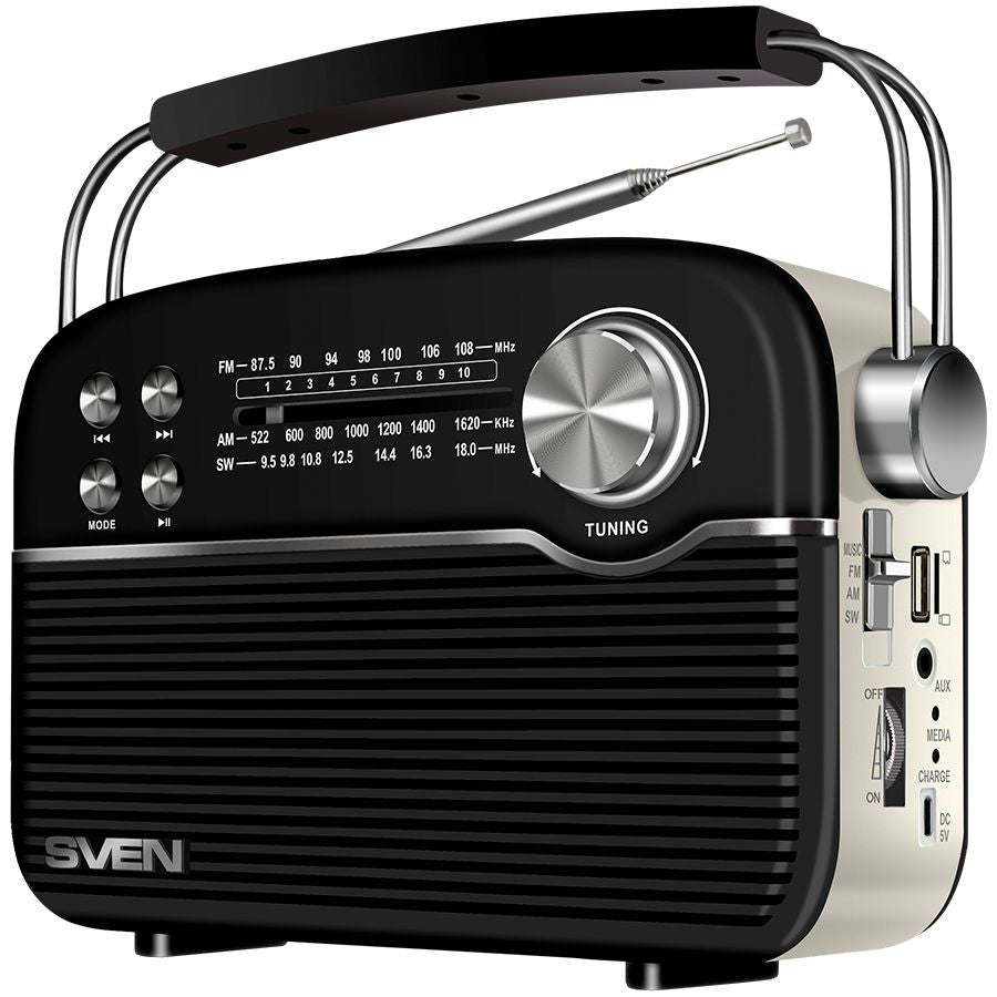 Radios Sven  Speaker SVEN SRP-500, black (3W, Bluetooth,FM/AM/SW, USB, microSD, AUXt, battery)