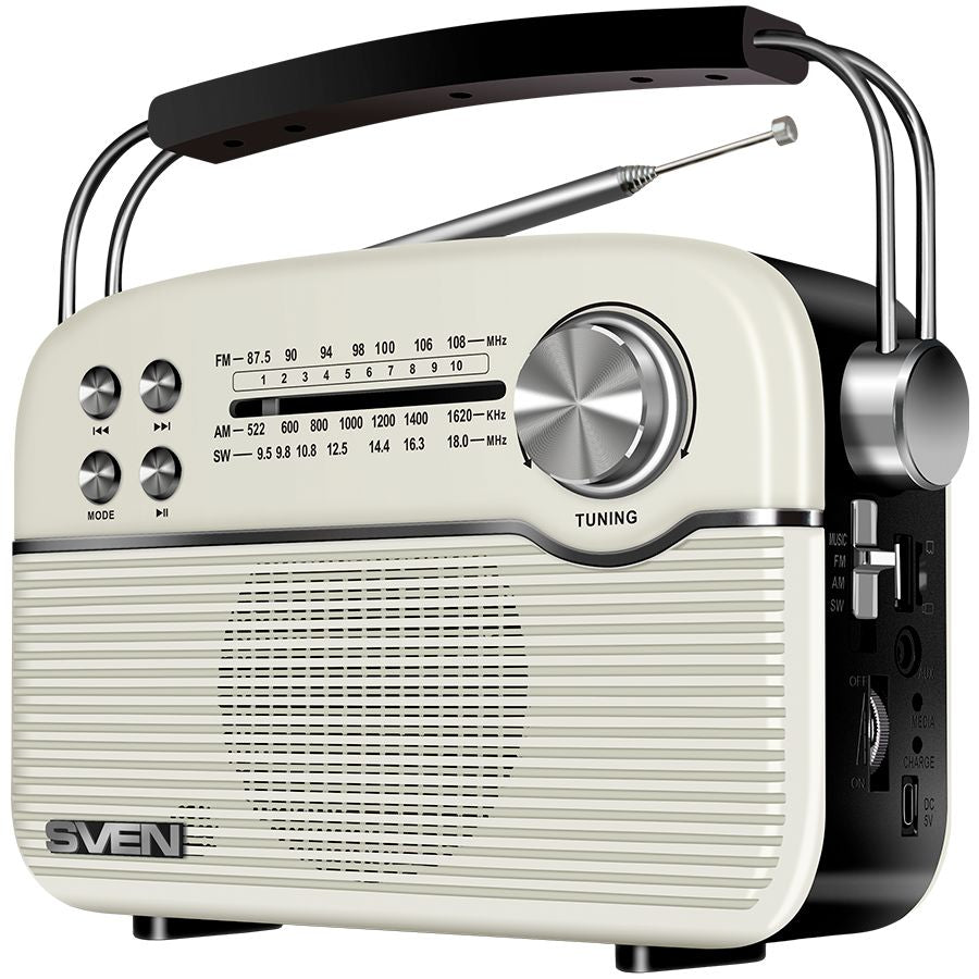 Radios Sven  Speaker SVEN SRP-500, white (3W, Bluetooth, FM/AM/SW, USB, microSD, AUX, battery)