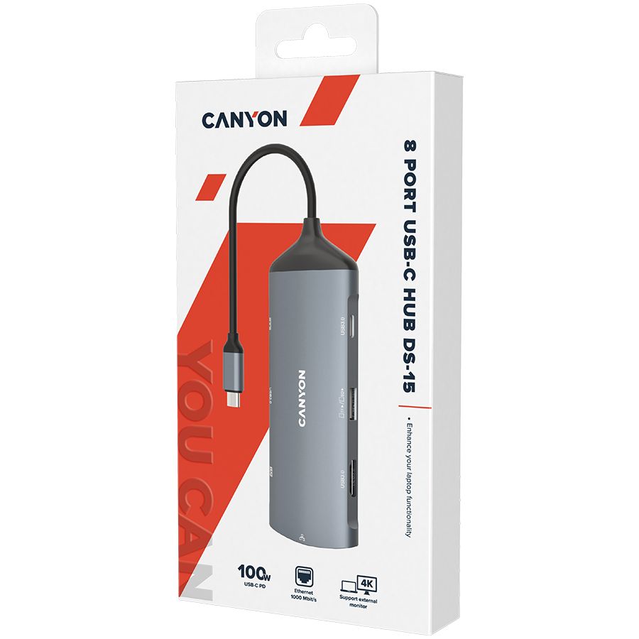 Üleminek Canyon  CANYON hub DS-15 8in1 4k USB-C Dark Grey
