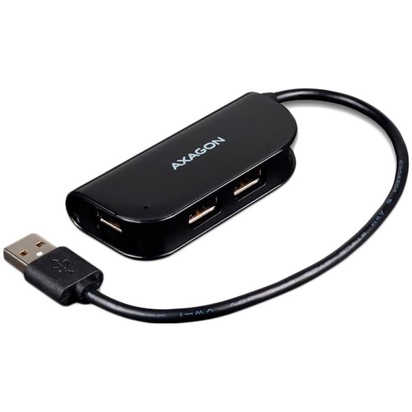 Üleminek Axagon  Handy four-port USB 2.0 hub with a permanently connected USB cable. Black.
