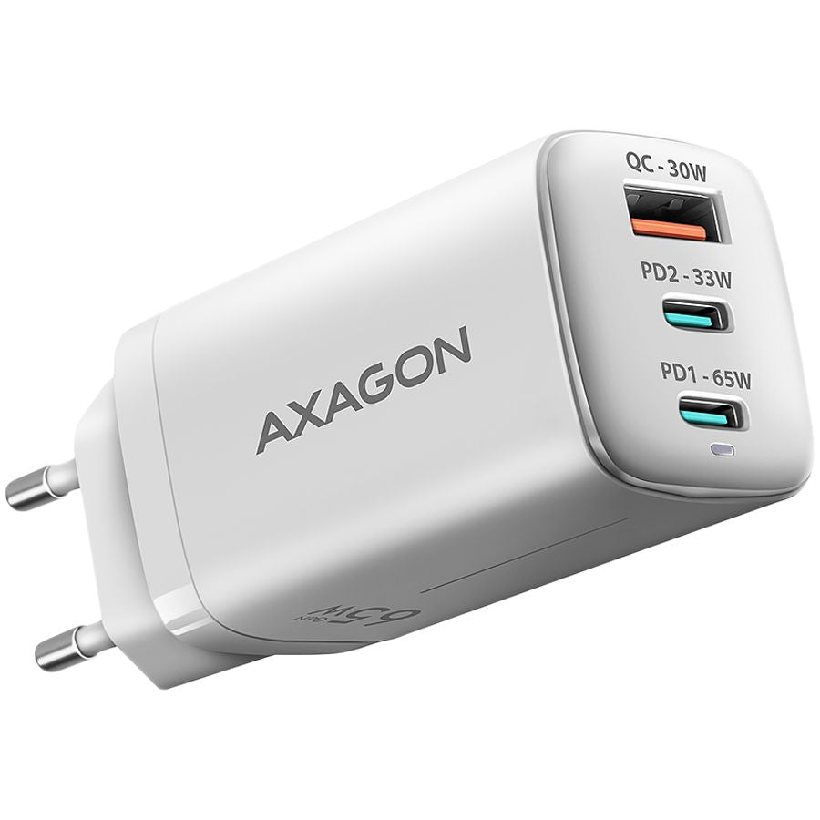 Adapter Axagon  AXAGON ACU-DPQ65W GaN Wall charger, 3x port (USB + dual USB-C), PD3.0/QC4+/PPS/Apple, 65W, white