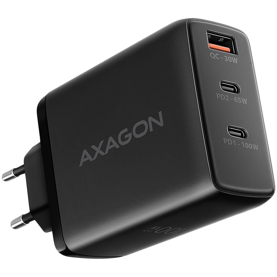 Adapter Axagon  AXAGON ACU-DPQ100 GaN Wall charger, 3x port (USB + dual USB-C), PD3.0/QC4+/PPS/Apple, 100W, black