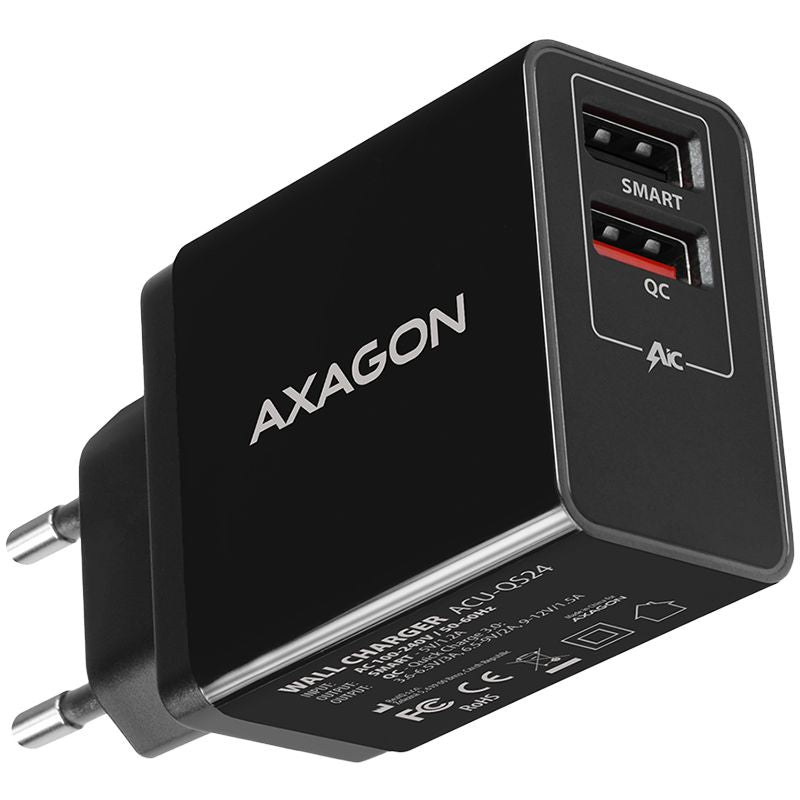 Adapter Axagon  Dual wallcharger <240V / 2x USB port QC3.0/AFC/FCP + 5V-1.2A. 24W total power.