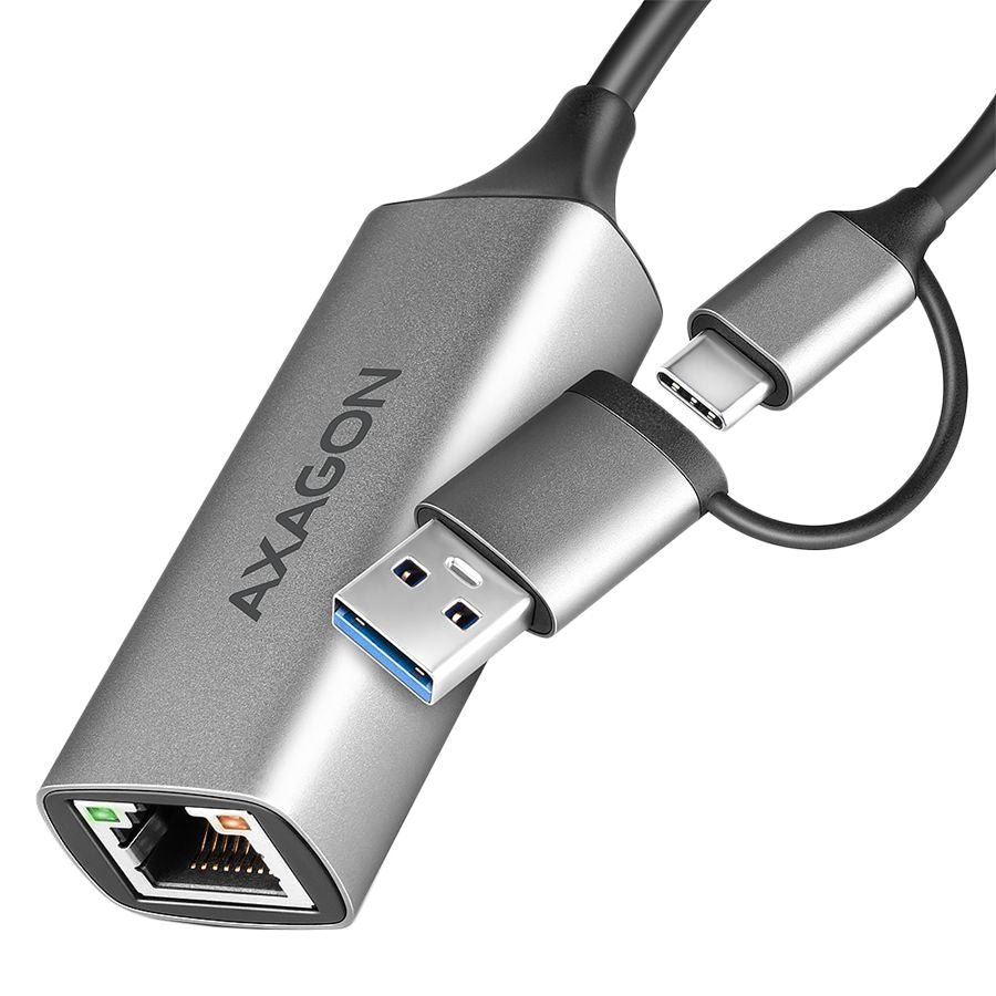 Adaptrid Axagon  AXAGON ADE-TXCA USB-C USB3.2 Gen 1 + USB-A reduction- Gigabit Ethernet 10/100/1000 Adapter, metal, titan grey
