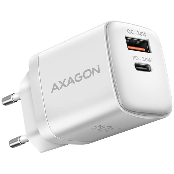 Adaptrid Axagon  Axagon Sil wallcharger 2x port (USB-A + USB-C), PD3.0/QC4+/PPS/AFC/Apple. 30W total power.
