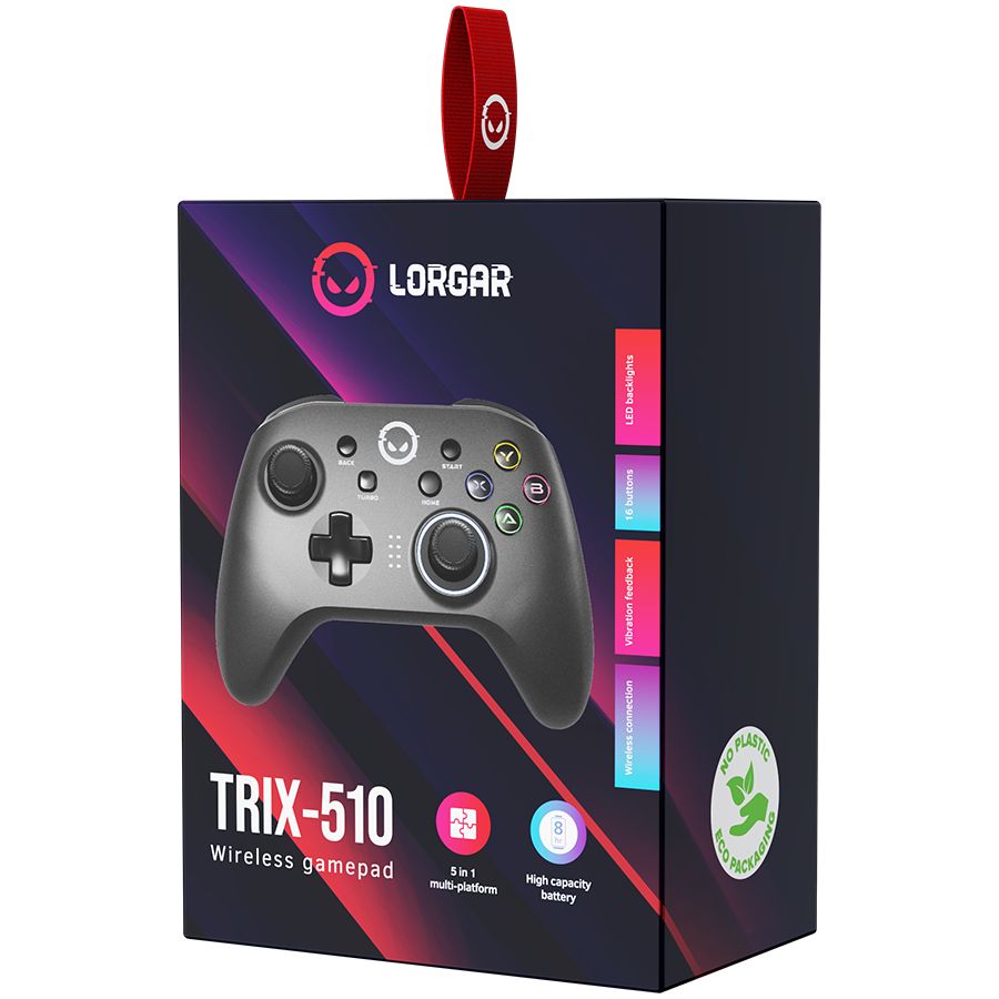 Gaming console LORGAR LORGAR TRIX-510, Gaming controller, Black, BT5.0 Controller with built-in 600mah battery, 1M Type-C charging cable, 6-axis motion sensor support for Nintendo Switch, Android, PC, IOS13, PS3, normal size dongle, black