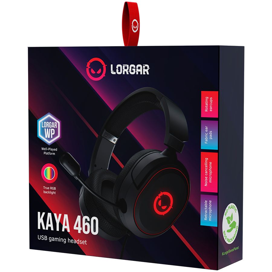 Headphone with microphone LORGAR LORGAR Kaya 460, USB Gaming headset with microphone, CM108B, RGB backlight, Plug&Play, USB-A connection cable 2m, fabric ear pads, size: 192*184.7*88mm, 0.329kg, black