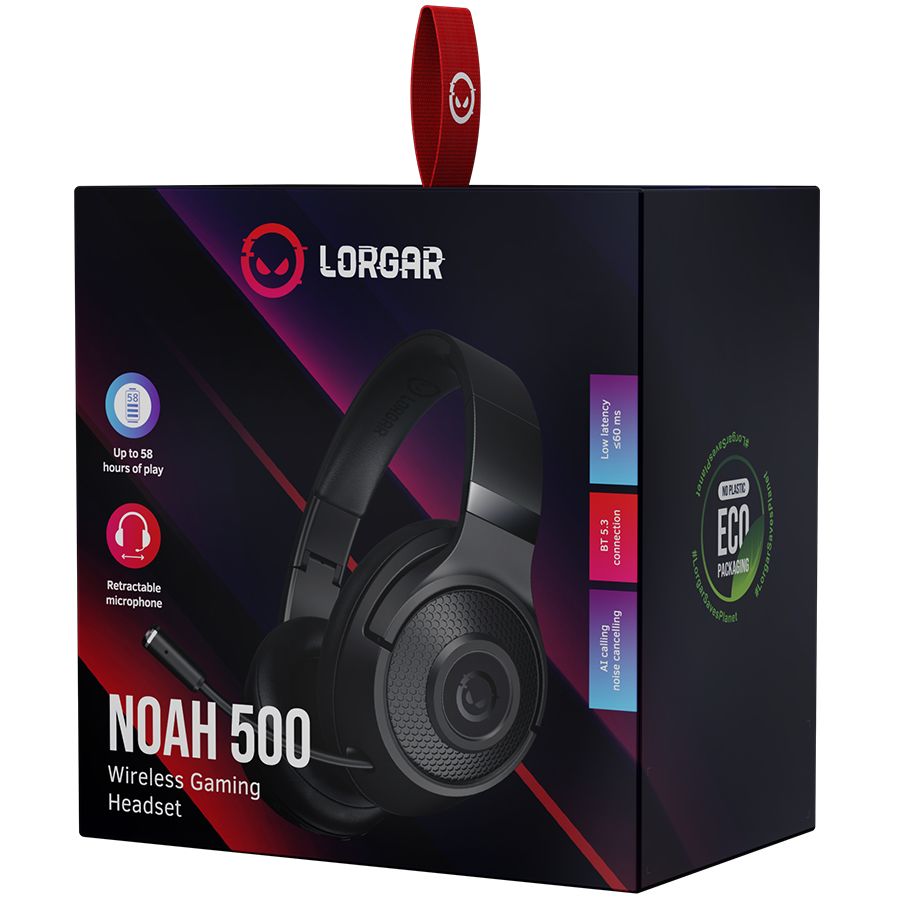 Kõrvaklapid mikrofoniga LORGAR  LORGAR Noah 500, Wireless Gaming headset with microphone, JL7006, BT 5.3, battery life up to 58 h (1000mAh), USB (C) charging cable (0.8m), 3.5 mm AUX cable (1.5m), size: 195*185*80mm, 0.24kg, black