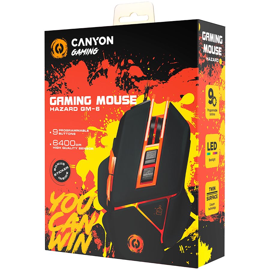 Computer mouse Canyon  CANYON Optical gaming mouse, adjustable DPI setting 800/1000/1200/1600/2400/3200/4800/6400, LED backlight, moveable weight slot and retractable top cover for comfortable usage