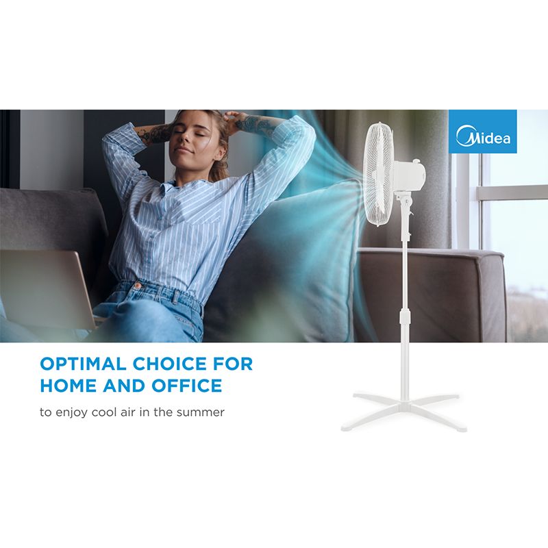 Other small household appliances Midea  Stand fan, 40cm, 40W,  3 speeds, mechanical, noise level: 55-65 dB, Oscillation  80°, Tilting +16° -8°, Adjustable height 120cm,