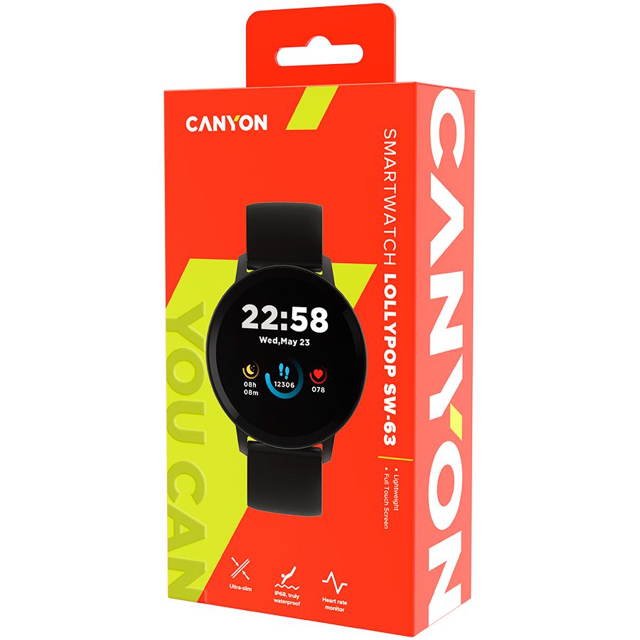 Умные часы Canyon  CANYON Lollypop SW-63, Smart watch, 1.3inches IPS full touch screen, Round watch, IP68 waterproof, multi-sport mode, BT5.0, compatibility with iOS and android, black, Host: 25.2*42.5*10.7mm, Strap: 20*250mm, 45g