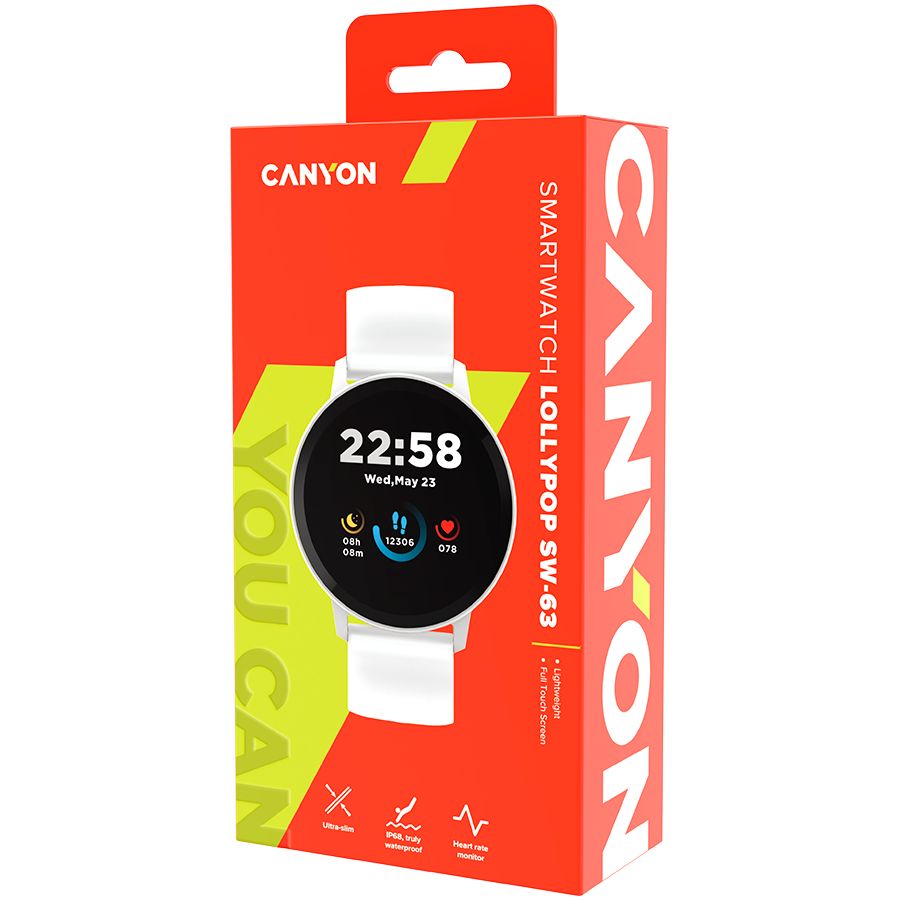 Nutikell Canyon  CANYON Lollypop SW-63, Smart watch, 1.3inches IPS full touch screen, Round watch, IP68 waterproof, multi-sport mode, BT5.0, compatibility with iOS and android, Silver white, Host: 25.2*42.5*10.7mm, Strap: 20*250mm, 45g