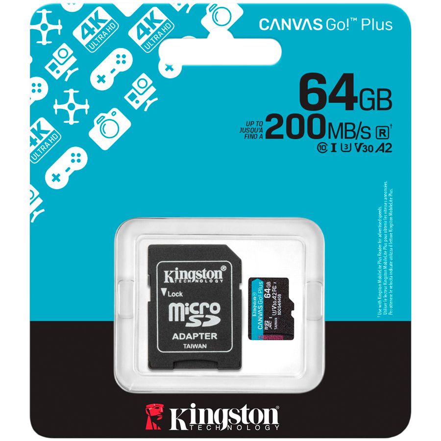 Kaabel Kingston  Kingston 64GB microSDXC Canvas Go Plus Gen4 200MB/s A2 U3 V30 Card + Adapter