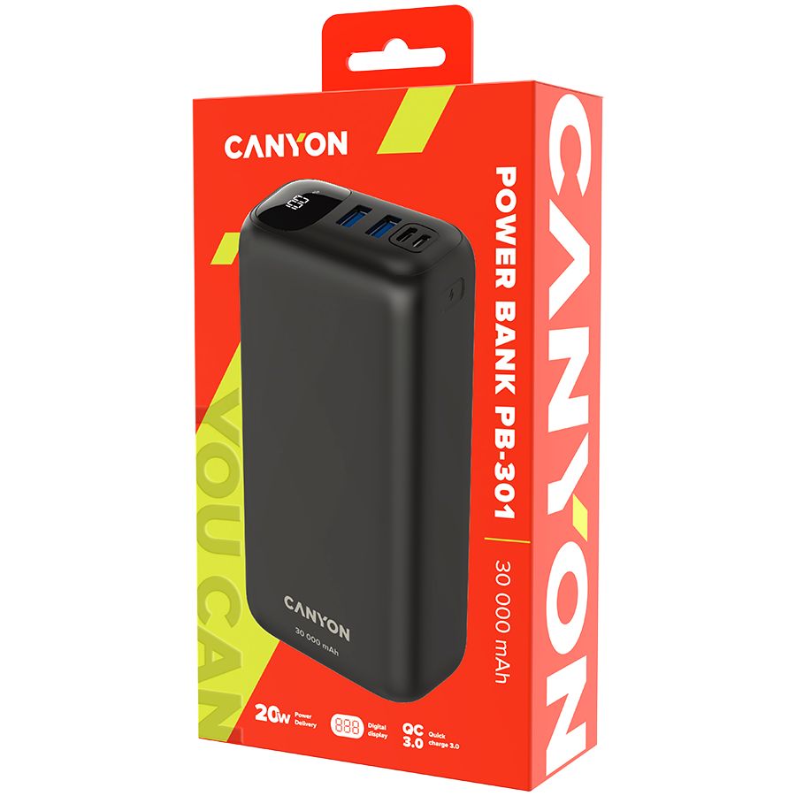 Väline aku Canyon  CANYON power bank PB-301 LED 30000 mAh PD 20W QC 3.0 Black