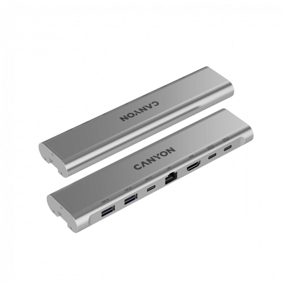 Üleminek Canyon  Canyon Laptop stands with hub, TYPE C F to HDMI2.0+2USB3.0+USBC3.0+RJ45+PD, TYEP C TO C cable 1m white with Emarker: HUSB332A, Material: Aluminum case+ABS+PS, Size: 245x240x27.2+/-0.3mm, Weight:1304g