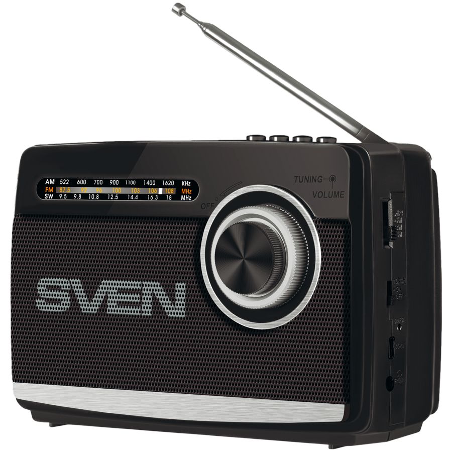 Record players Sven  Speaker SVEN SRP-155, black (3W, Bluetooth, FM/AM/SW, USB, microSD, flashlight, battery)