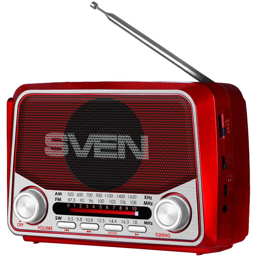 Record players Sven  Speaker SVEN SRP-150, red (3W, Bluetooth, FM/AM/SW, USB, microSD, flashlight, battery)