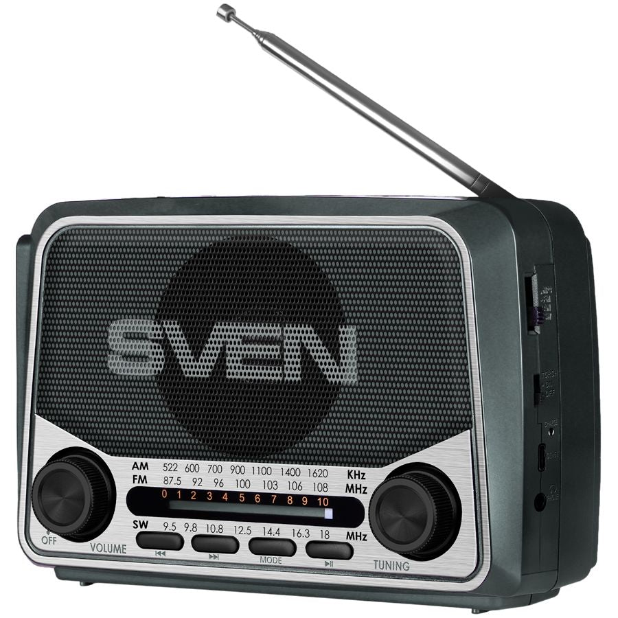 Record players Sven  Speaker SVEN SRP-150, gray (3W, Bluetooth, FM/AM/SW, USB, microSD, flashlight, battery)